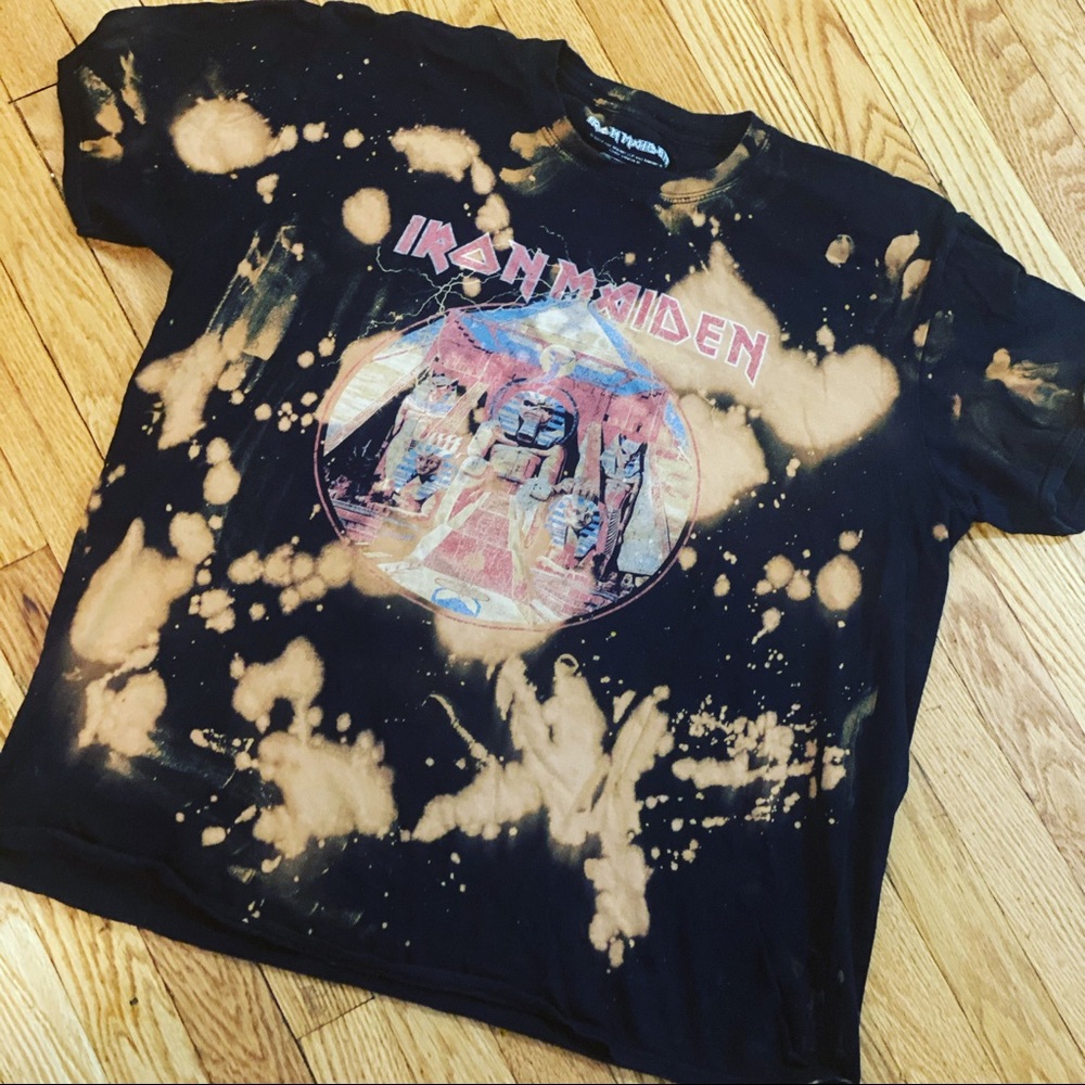 Iron Maiden graphic t-shirt.